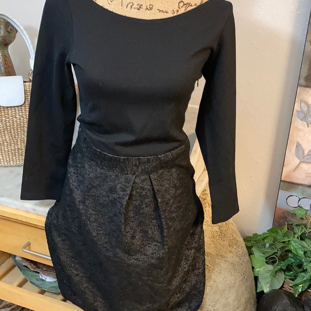 New Theory Black Top Black Tweed Bottom Dress S!